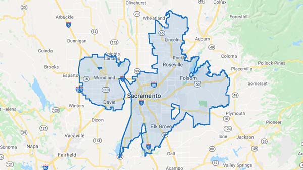 Map of Sacramento region showing Bloom's delivery area