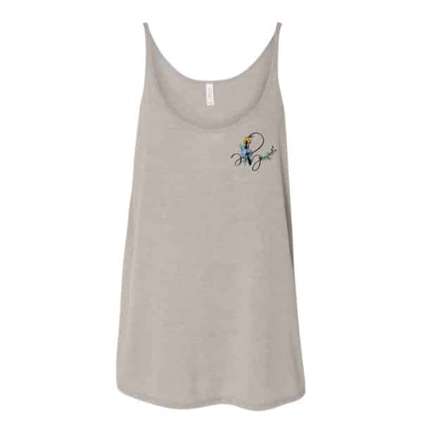 Heather stone colored tank top with Bloom’s B logo on the front