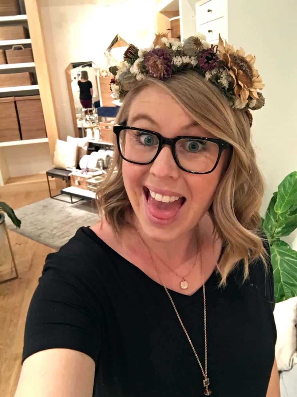 Amanda Kitaura from Bloom wearing a dried flower crown