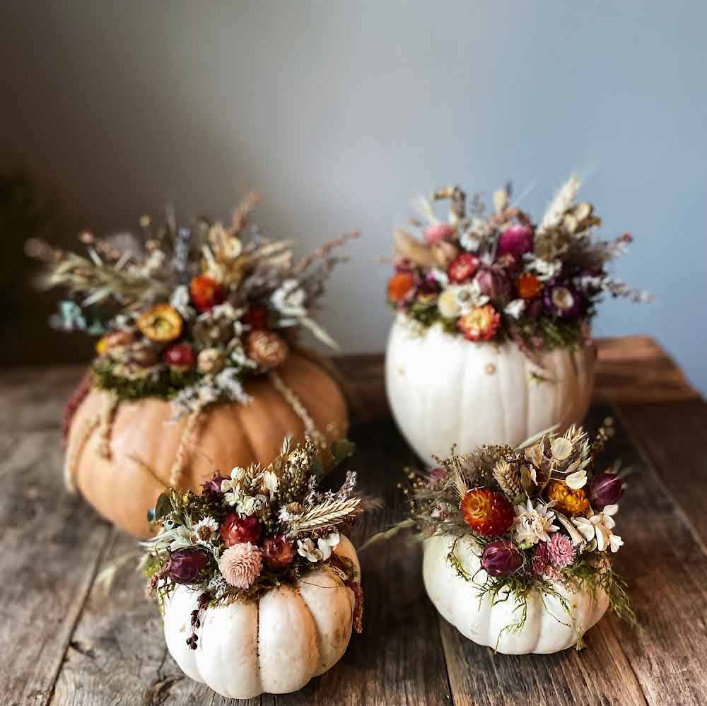 Photo of pumpkins with dried flowers glued on top.