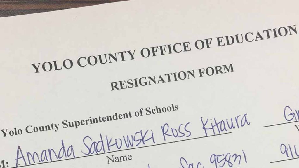 Photo of letter: Yolo County Office of Education resignation form. To Yolo County Superintendent of Schools, from Amanda Sadkowski Ross Kitaura
