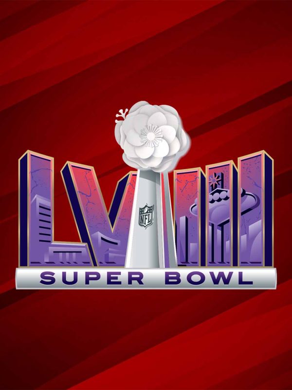 Super Bowl logo with flower added, and red background