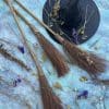Flat lay displays dried flowers, witch's brooms, witch's hat