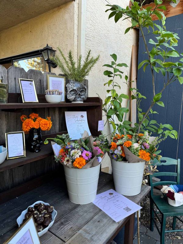 Table with spooky decor at witch's broom workshop hosted by Bloom Sacramento