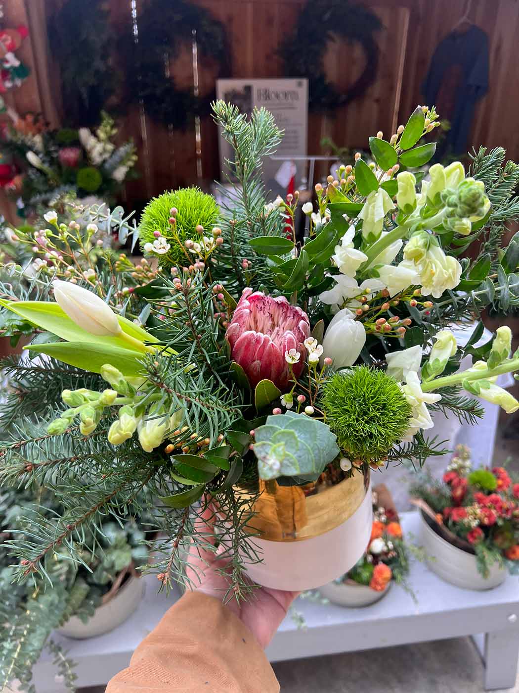 A winter centerpiece in a vase
